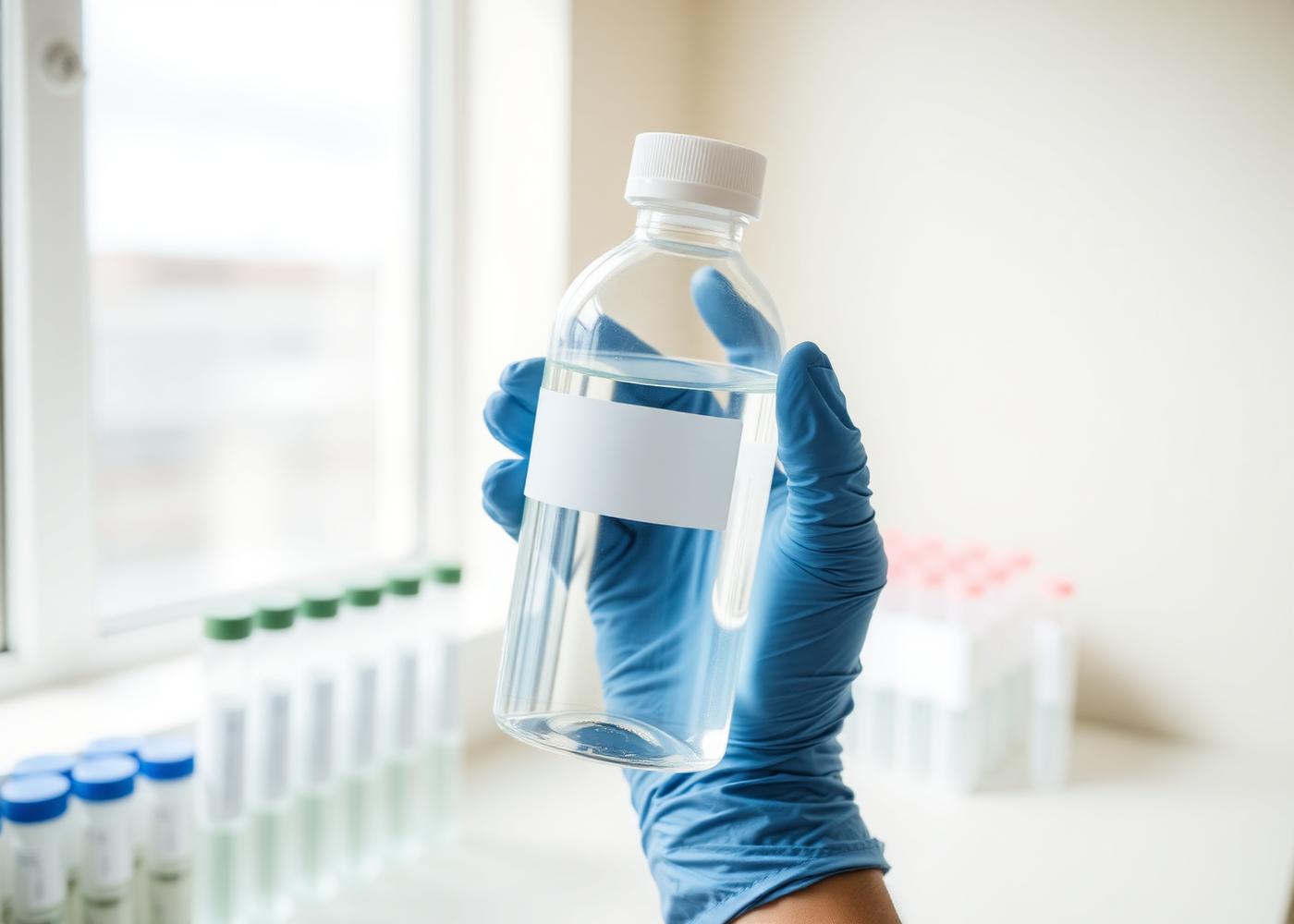 Gloved hand holding a purified water bottle beside PCR tubes
